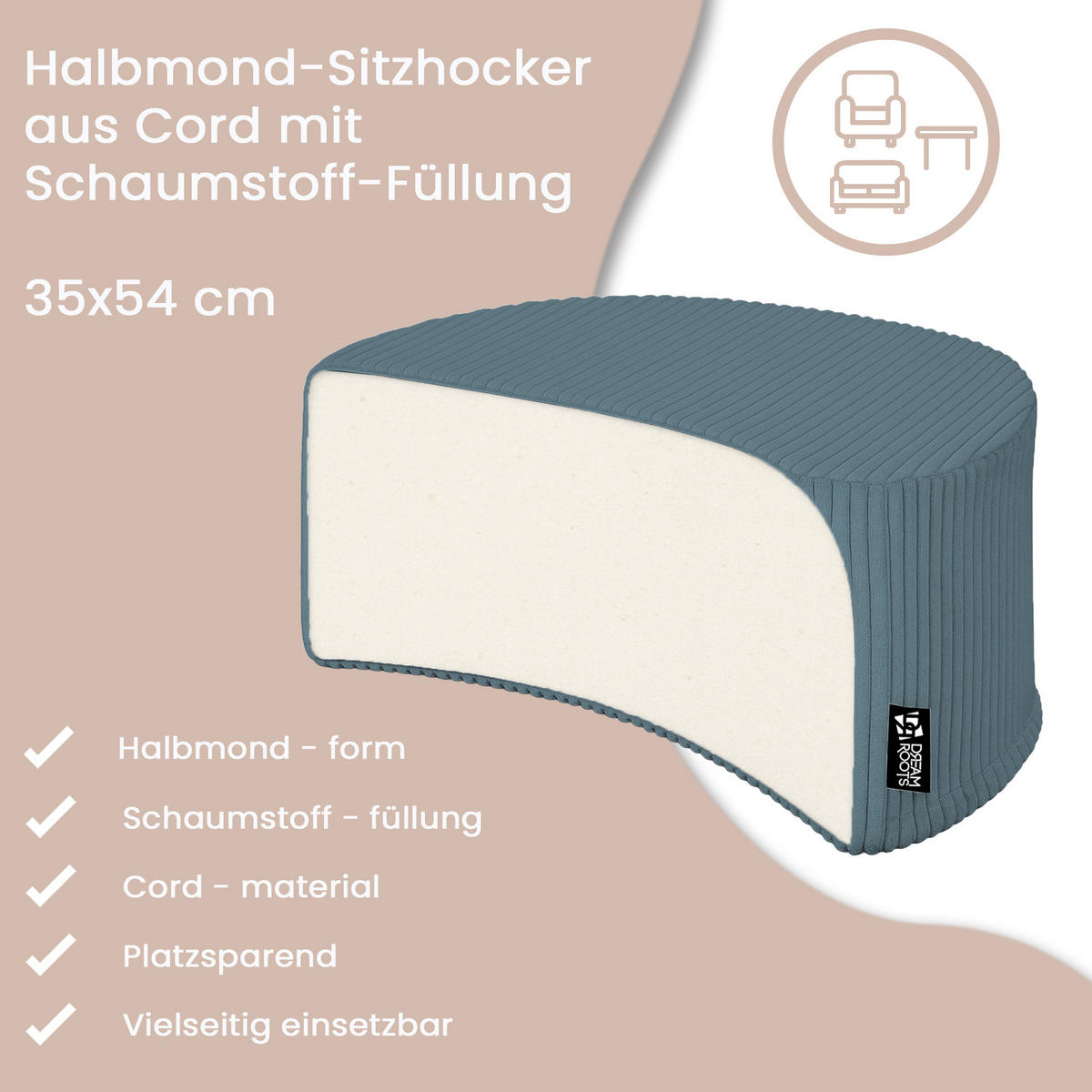 SITZSACK Halbmond 54/36/35 cm, weicher Cord 420 g/m², Meerblau - Dunkelblau, Textil (36/35/54cm) - Dreamroots