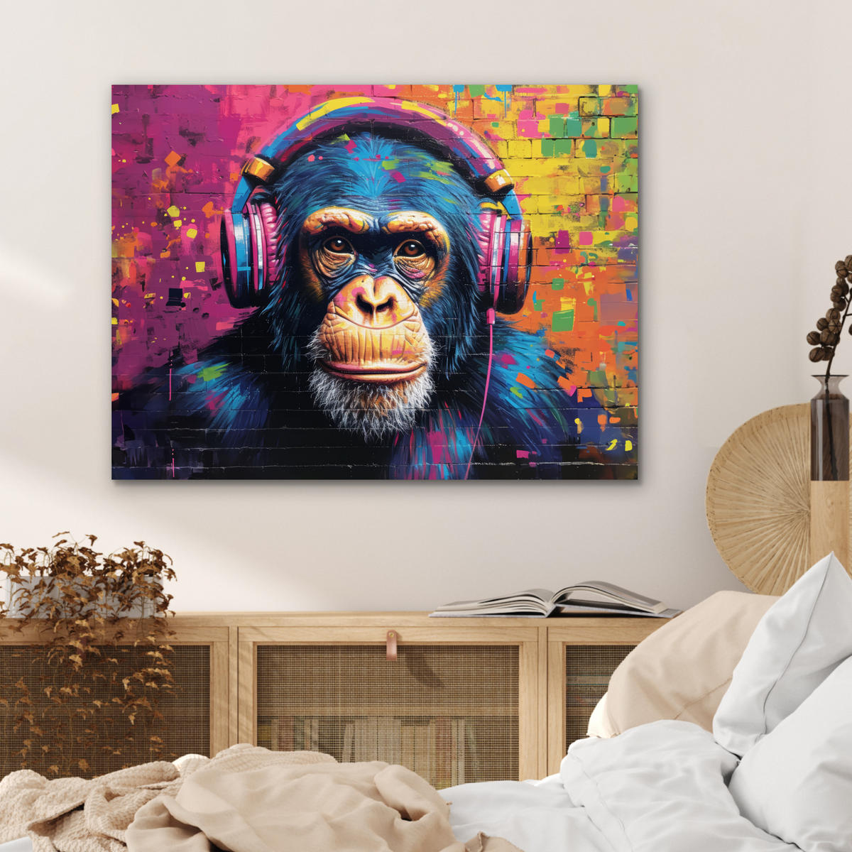 KOVOVÝ OBRAZ Graffiti - Šimpanz - Street art - Slúchadlá - Opica 80x60 cm - modrá, kov (80/60cm) - MuchoWow