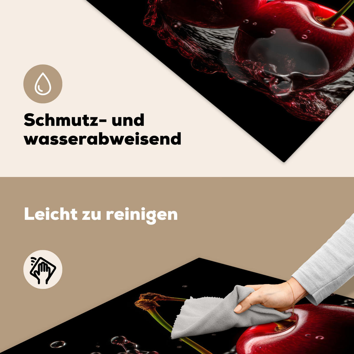 HERDABDECKPLATTE Kirsche - Rot - Frucht - Wasser - Schwarz 78x78 cm - Kirschrot, Kunststoff (78/0.2/78cm) - MuchoWow