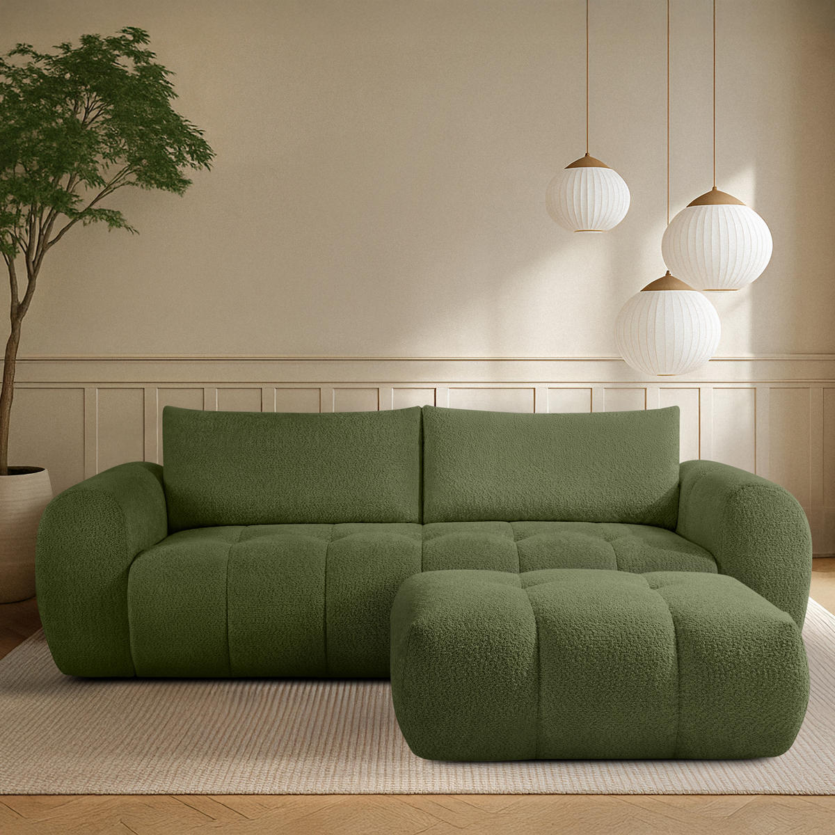 POUF LIRA, Olivgrün, Bouclé - Olivgrün, Holz/Holzwerkstoff (96/43/50cm) - KONSIMO®