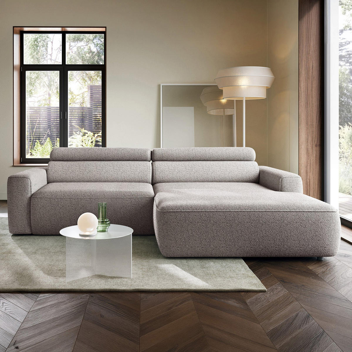 ECKSOFA Fando mit Schlaffunktion, L-Form, 4-Sitzer 252 cm, rechts Flechtstoff Greige - Taupe/Schwarz, Holz/Kunststoff (182/252cm) - Selsey