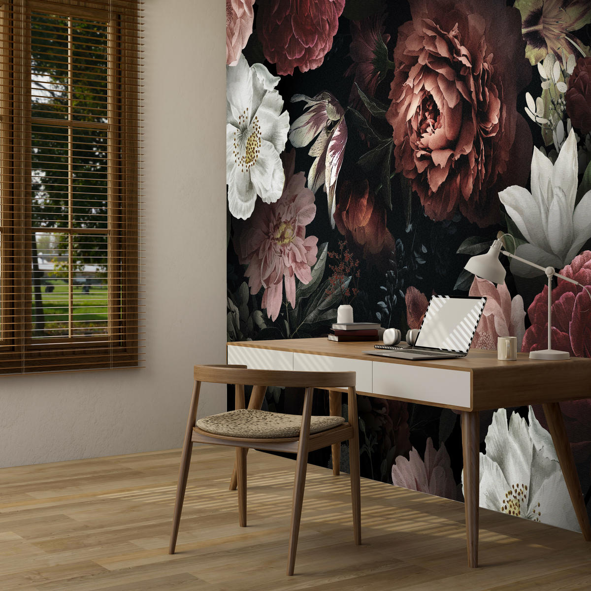FOTOTAPETE für Büro Bunte Blumen Pfingstrosen Botanisch 200x140 - Rot/Weinrot, Papier (200/140cm) - Muralo