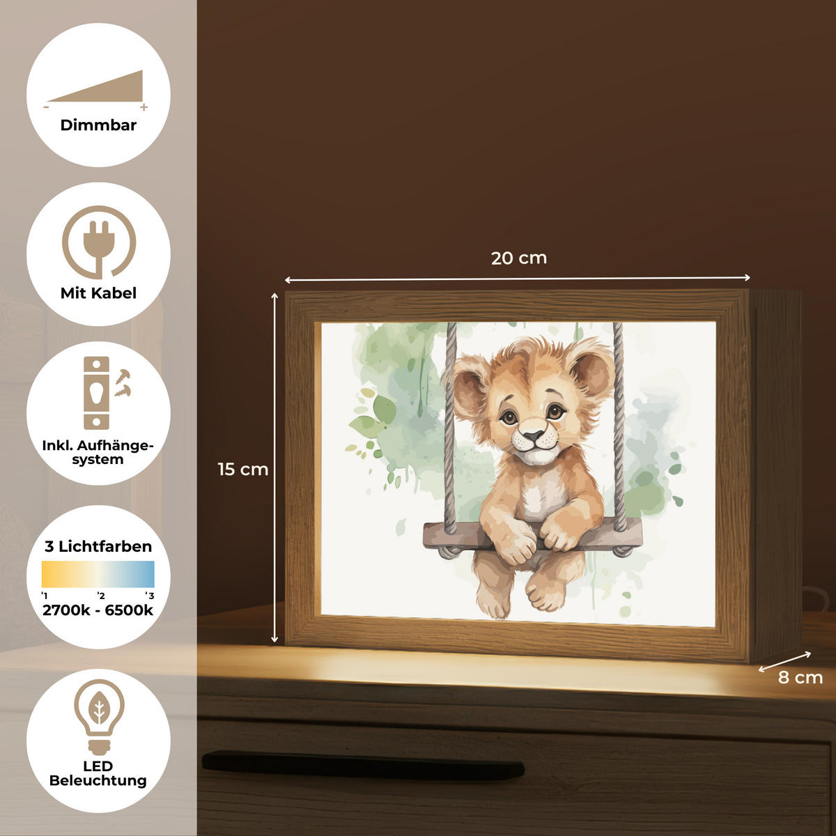NACHTTISCHLAMPE Löwe - Tier - Kinder - Dschungel 20x15 cm - Weiß, Holzwerkstoff (8/20/15cm)