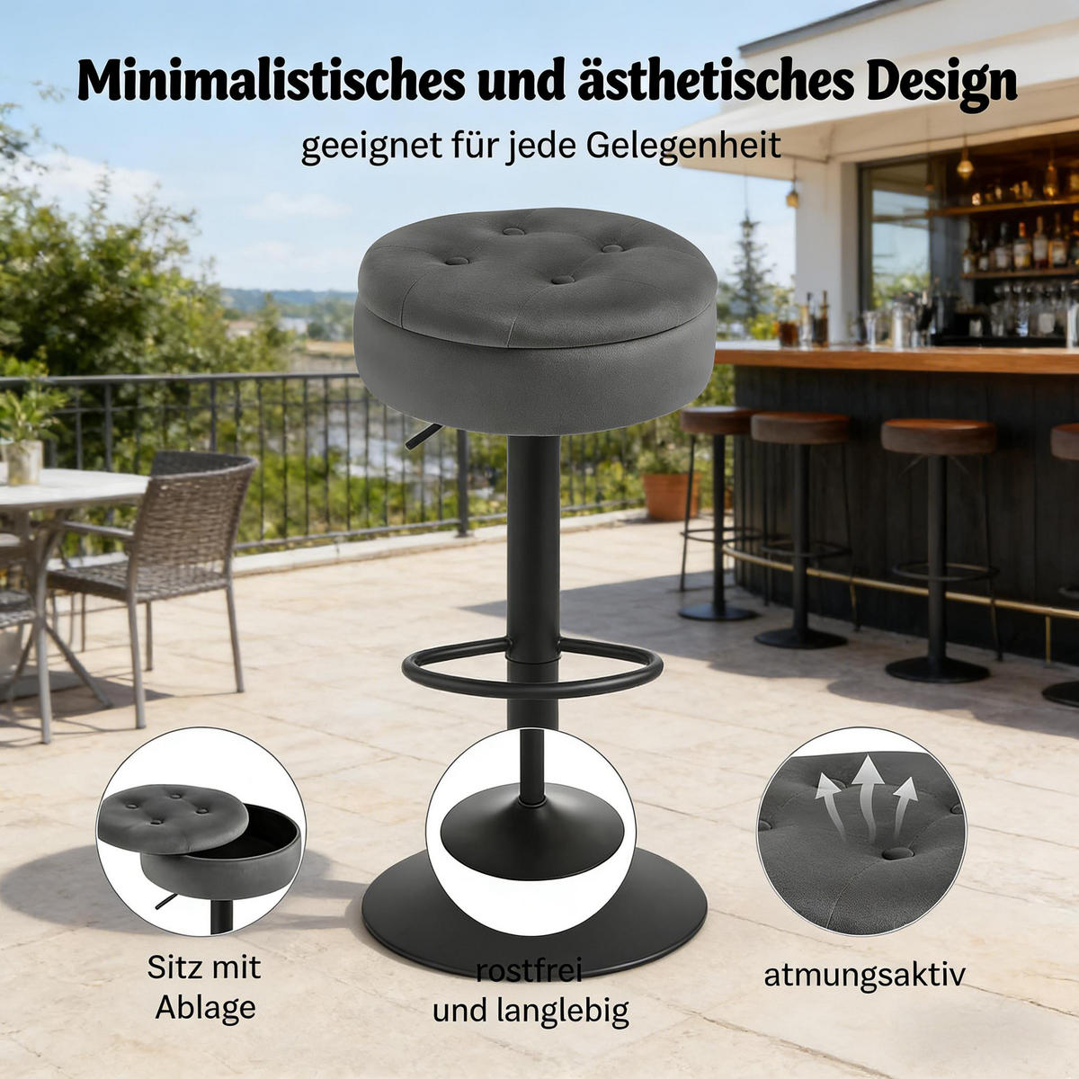 BARHOCKER 1er-Set Dunkelgrau Samt mit Aufbewahrungsraum & Höhenverstellbar - Dunkelgrau, Metall (39/79.5/39cm) - PANGIVO