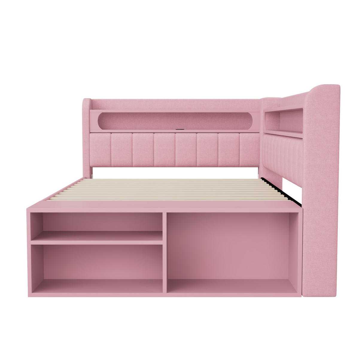 ČALÚNENÁ posteľ 90/200 cm ružová z MDF a preglejky s LED osvetlením USB a skrinkou na topánky - biela, kompozitné drevo (90/200cm) - OKWISH