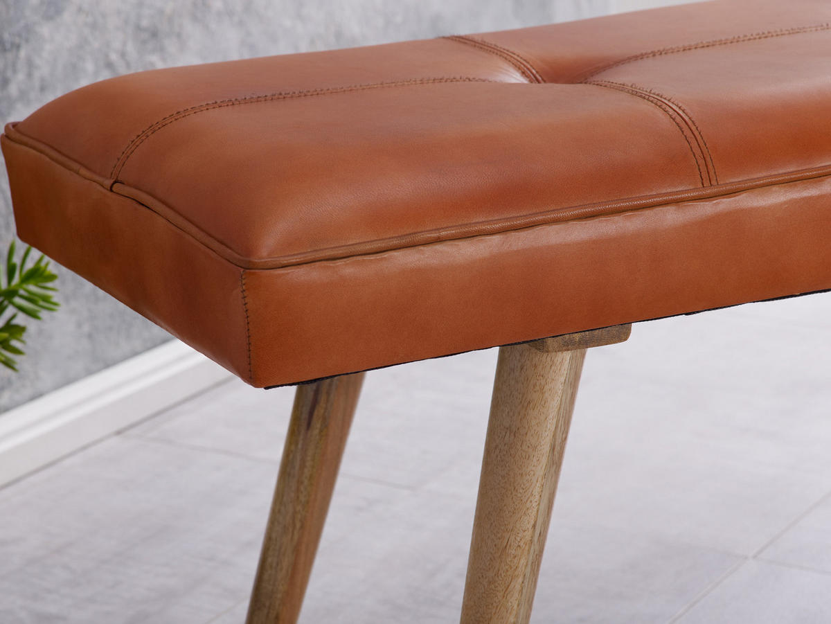 SITZBANK – Ziegenleder/Massivholz, Retro-Stil, 200 kg Belastbarkeit - Braun, Mangoholz/Leder (117/51/38cm) - KADIMA DESIGN