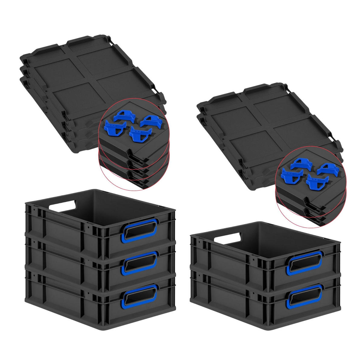 EUROBOX 5x NextGen Color mit Auflagedeckel 12x30x40 cm 11 Liter Schwarz Griffe blau offen - Blau/Schwarz, Kunststoff (30/12/40cm) - PROREGAL