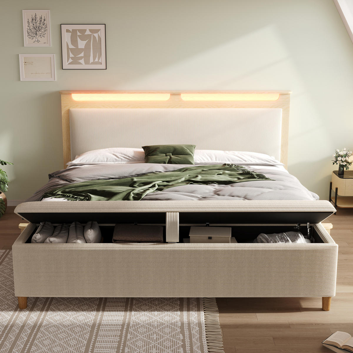 POLSTERBETT 140/200 cm aus Holz und Cordstoff mit LED-Beleuchtung, Stauraum-Kopfteil und Bettbank, Eichefarben/Beige - Beige, Textil (140/200cm) - Redom