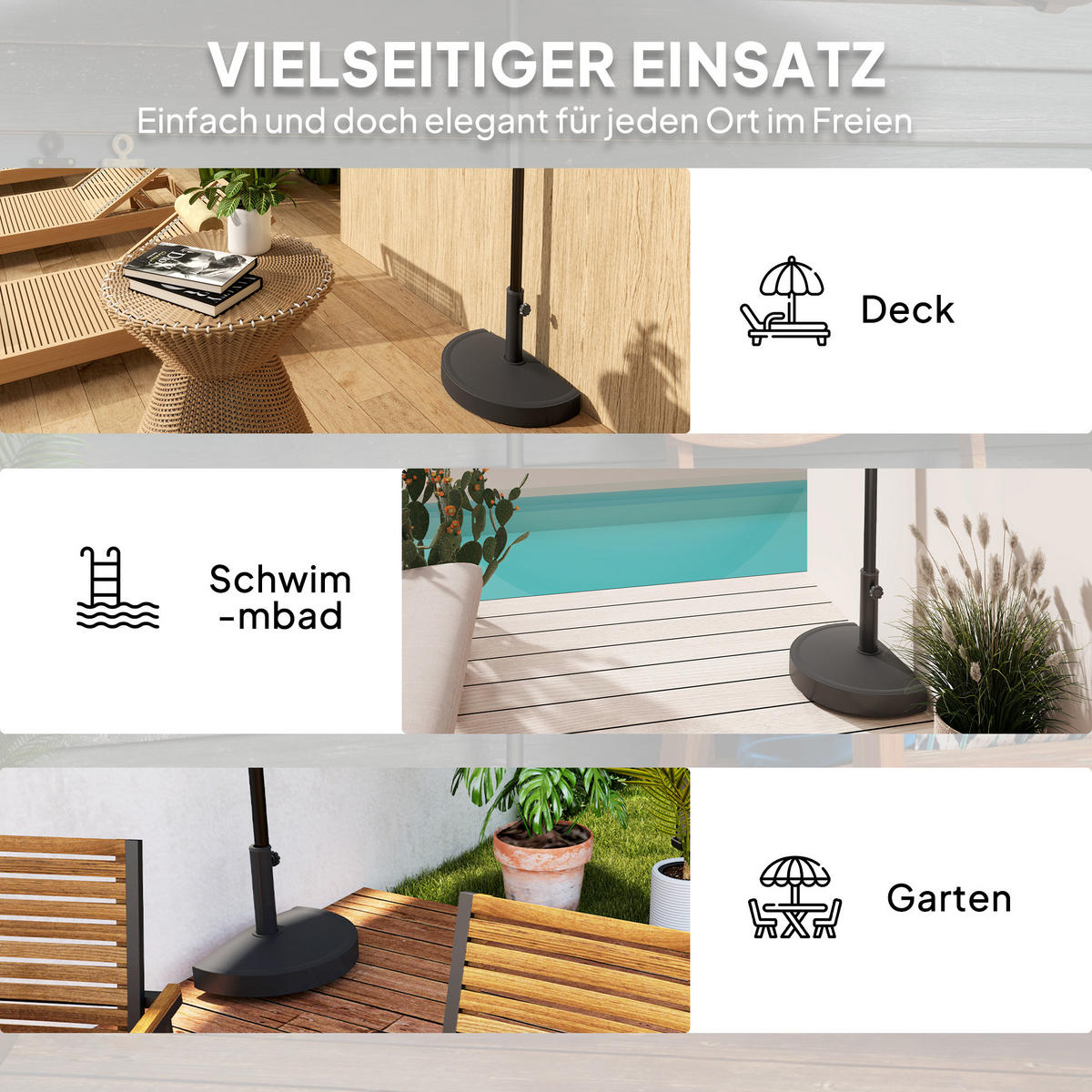 SONNENSCHIRMSTÄNDER aus Beton Schirmständer Halbrund Schirmhalter, Schirmgewicht - Schwarz, Naturmaterialen (31/49cm) - Outsunny