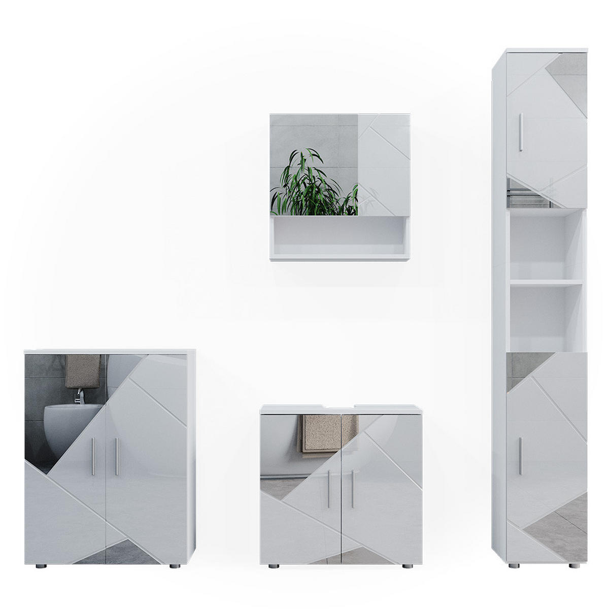 BADMÖBEL-SET Irma Weiß 4 Teile, mit Hochschrank und Kommode - Weiß Hochglanz/Weiß, Holzwerkstoff (80/58.6/41cm) - Vicco