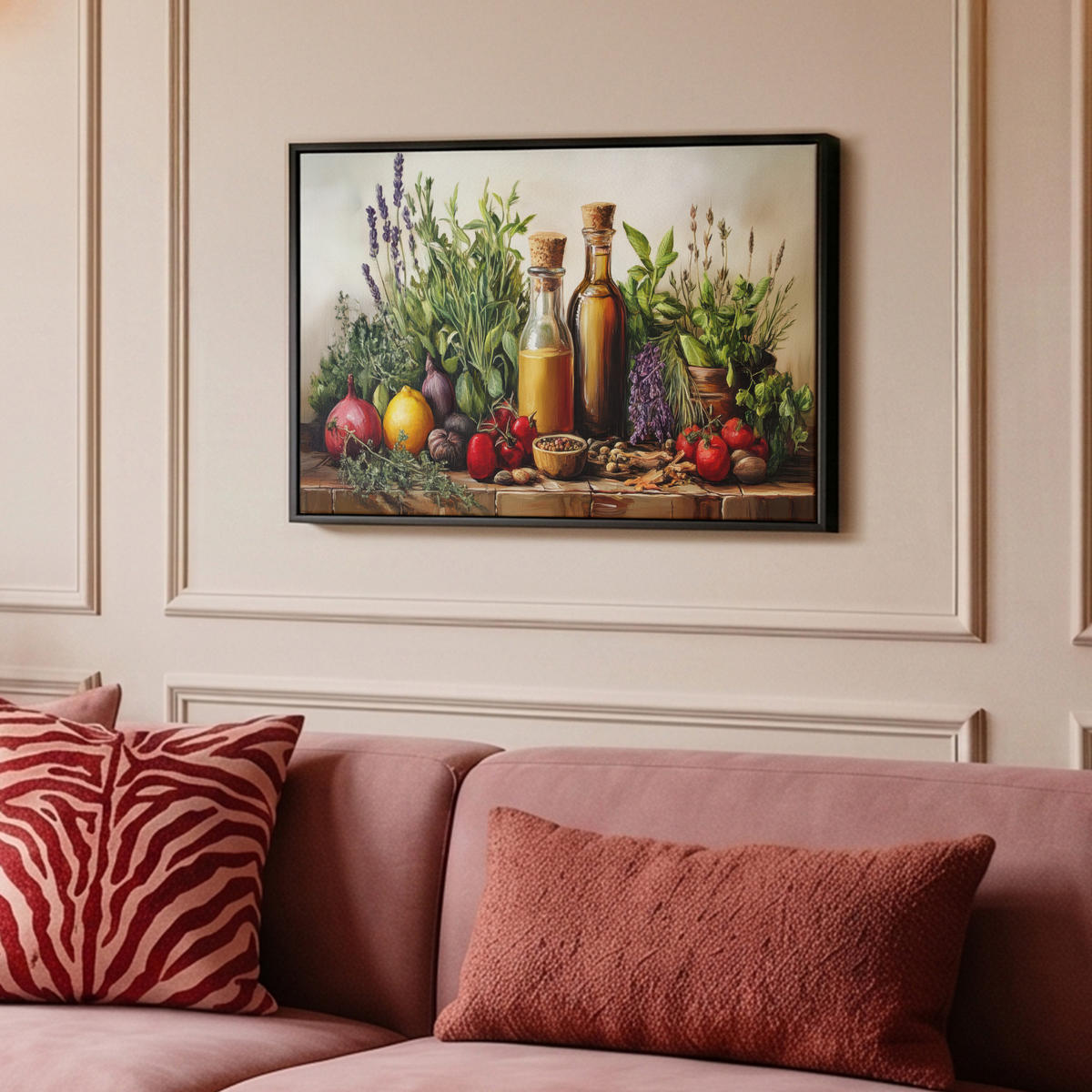 LEINWAND Bilder mit Rahmen - Stilleben - Kräuter - Gewürze - Früchte - Farbenfroh - 60x40 - Grün, Textil (60/40cm) - MuchoWow