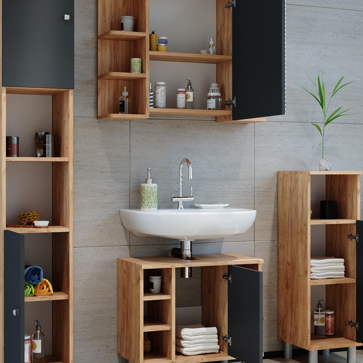 BADMÖBEL-SET Fynn Eiche 4 Teile - Eichefarben/Anthrazit, Holzwerkstoff (60/54/32cm) - Vicco