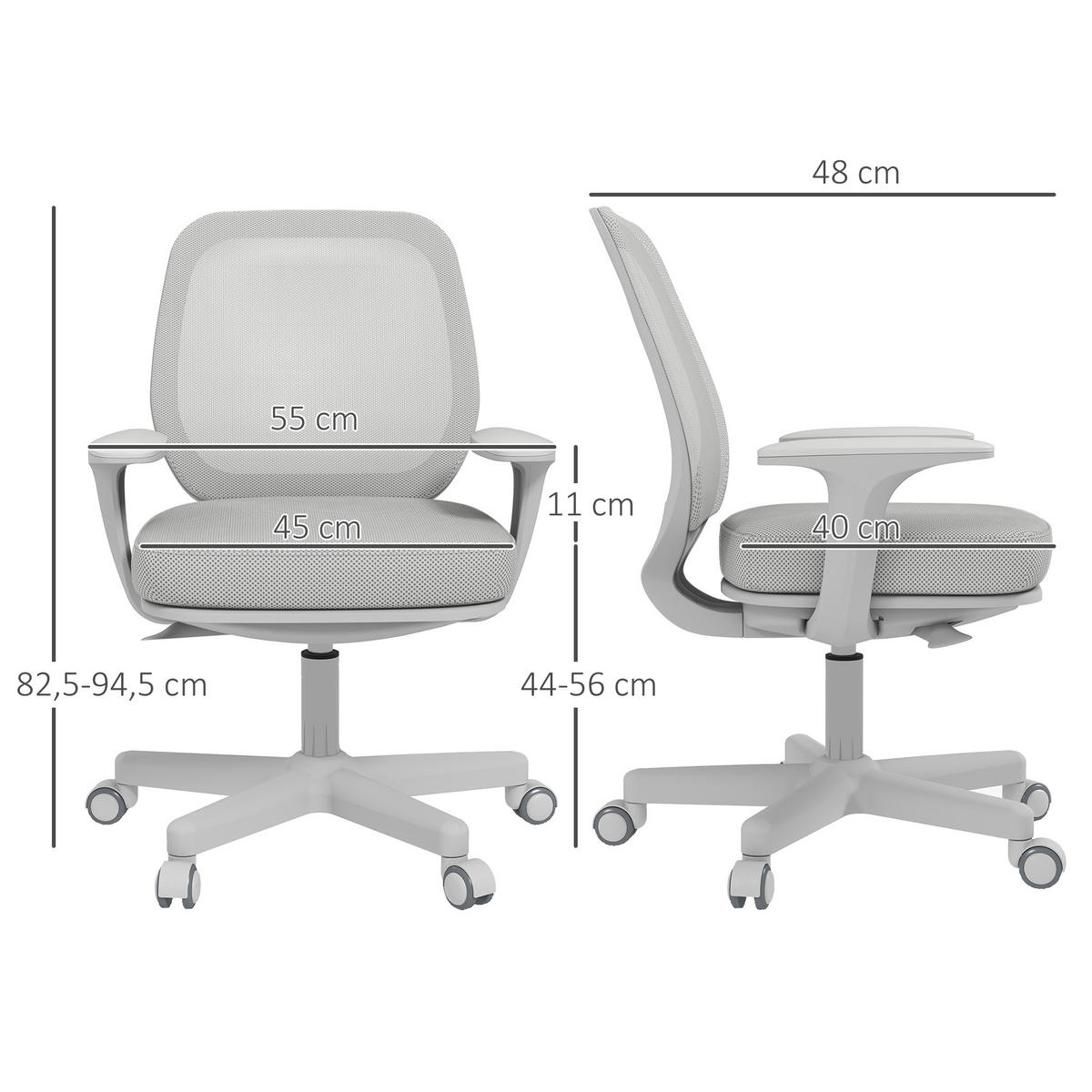 BÜROSTUHL, Ergonomisch Schreibtischstuhl mit Drehfunktion, Höhenverstellbar - Weiß/Grau, Kunststoff (48/94.5/55cm) - Vinsetto