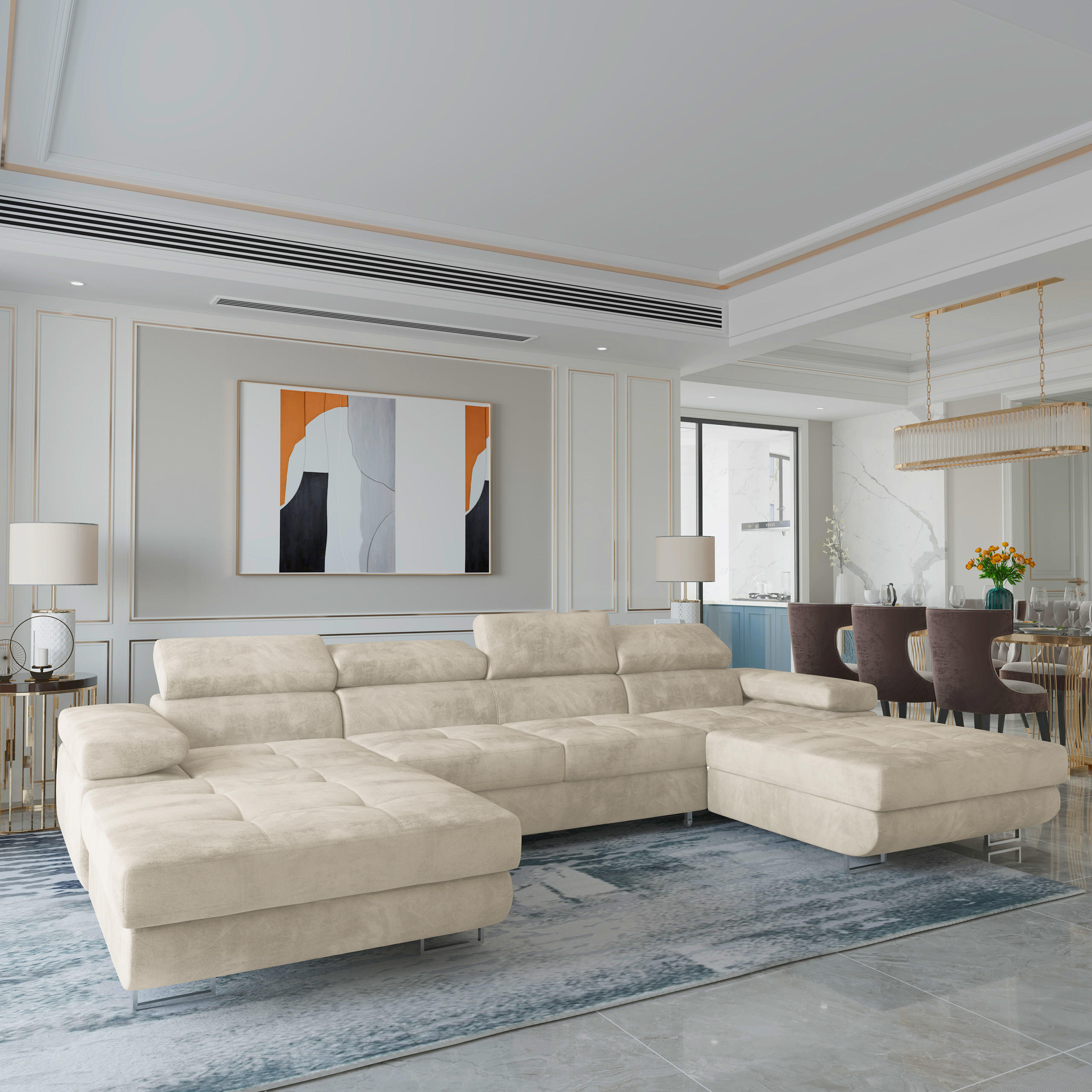 WOHNLANDSCHAFT LYKKE Creme Velours-Stoff mit Schlaffunktion - Creme, Holz (353/90/202cm) - MASSENO