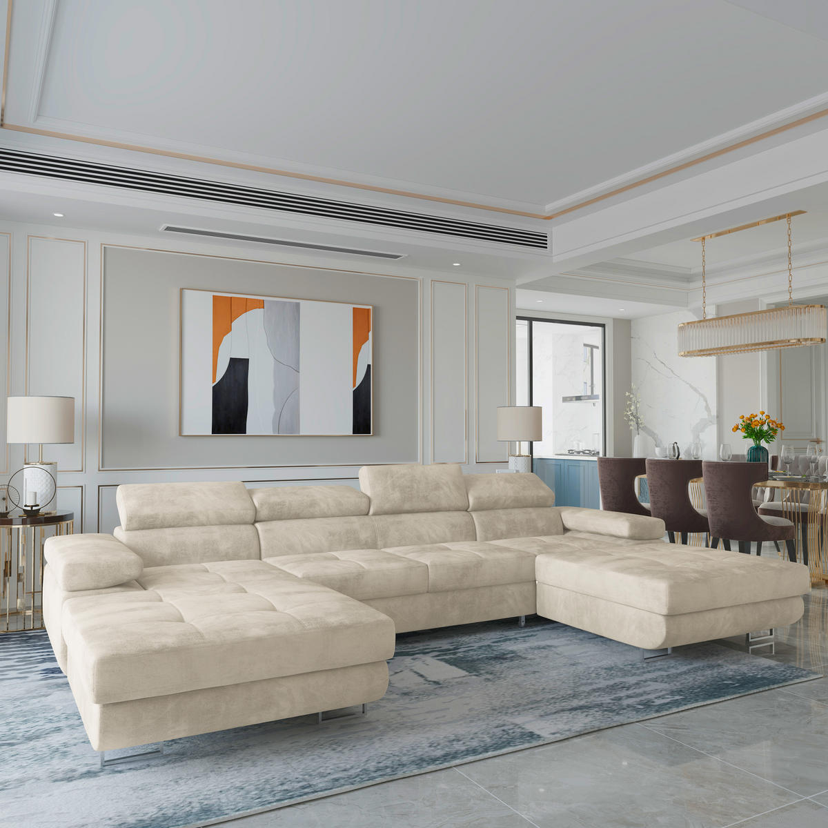 WOHNLANDSCHAFT LYKKE Creme Velours-Stoff mit Schlaffunktion - Creme, Holz (353/90/202cm) - MASSENO