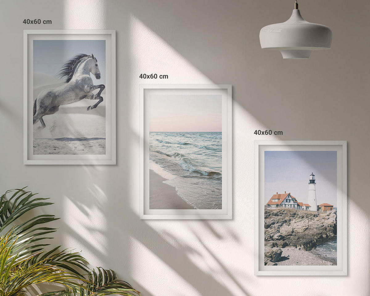BILDER SET 3er Set - 40x60 cm Weißer Rahmen - Pferde, Strand, Leuchtturm, Wellen - Weiß, Kunststoff (40/60cm) - TULUP