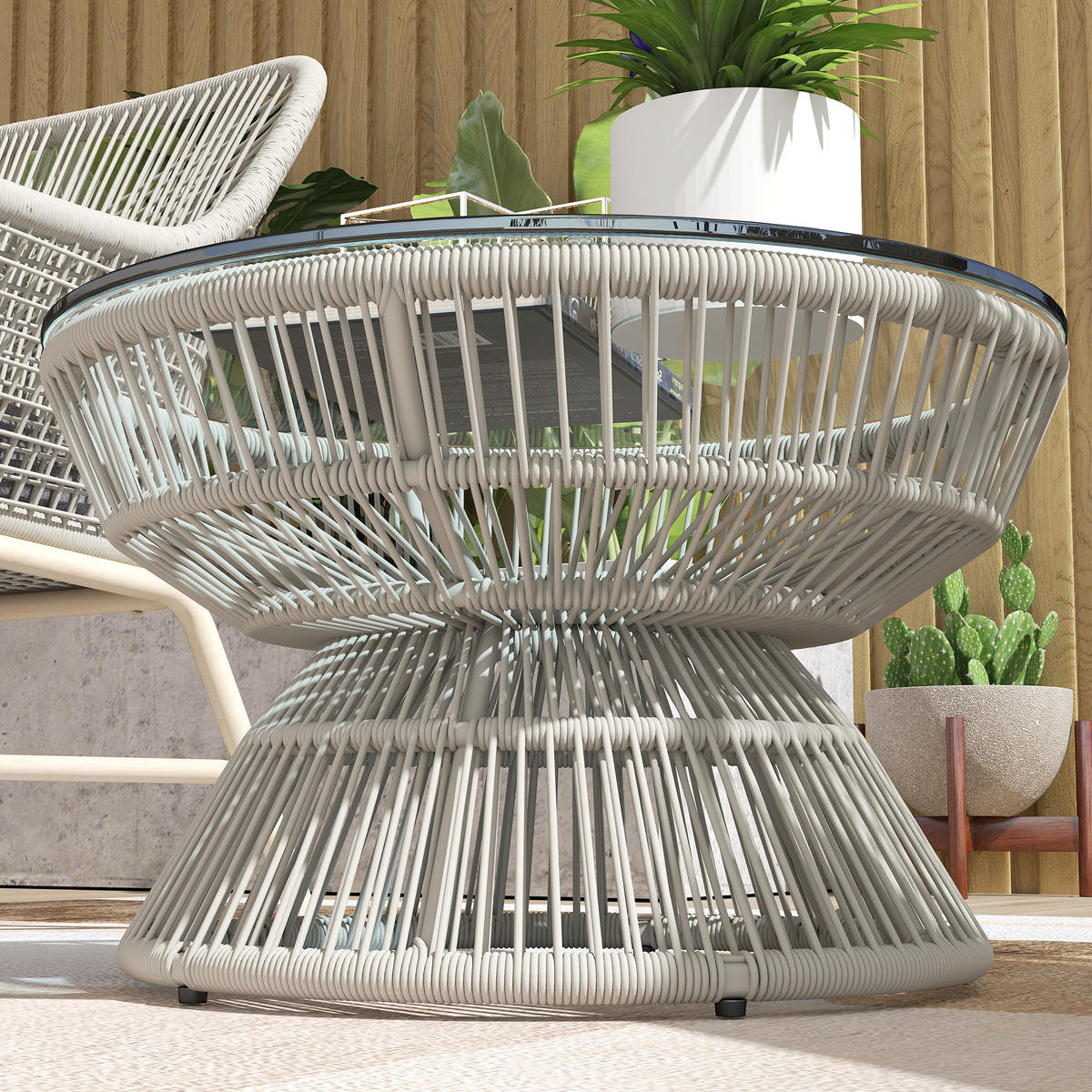 GARTENBEISTELLTISCH DE-13612 rund mit Glasplatte Natur - Hellgrau, Kunststoff/Metall (60/60/37cm) - ComfortXL