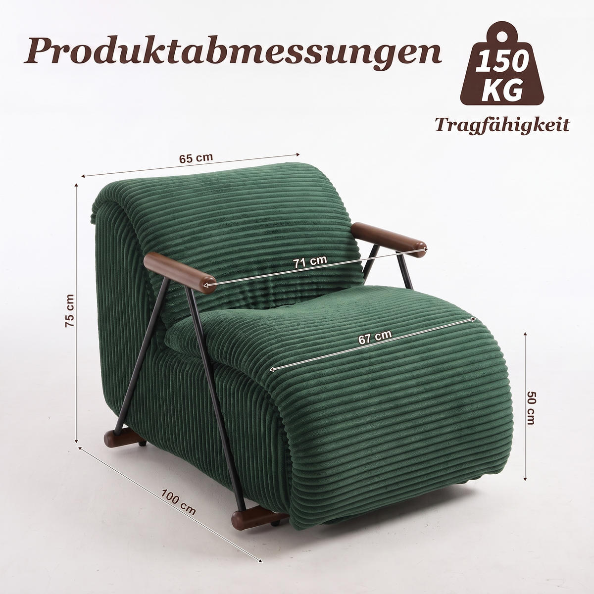 XXL-SESSEL mit Armlehnen, Cord Loungesessel, Ergonomisch, Grün - Grün, Textil/Metall (71/75/100cm) - LVHOM
