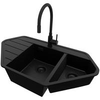 GRANITSPÜLE Kopenhagen Corner, 2-er set Alles Schwarz 90/50 cm 1,5 Becken + Küchenarmatur 40/38 cm + Ablauf-Set ab 70er Unterschrank - Schwarz, Kunststoff (90/18/50cm) - Primagran