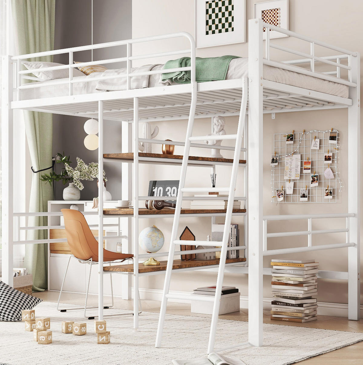 HOCHBETT 90/200 cm Weiß aus Metall mit Schreibtisch - Weiß, Metall (90/200cm) - OKMYHOME