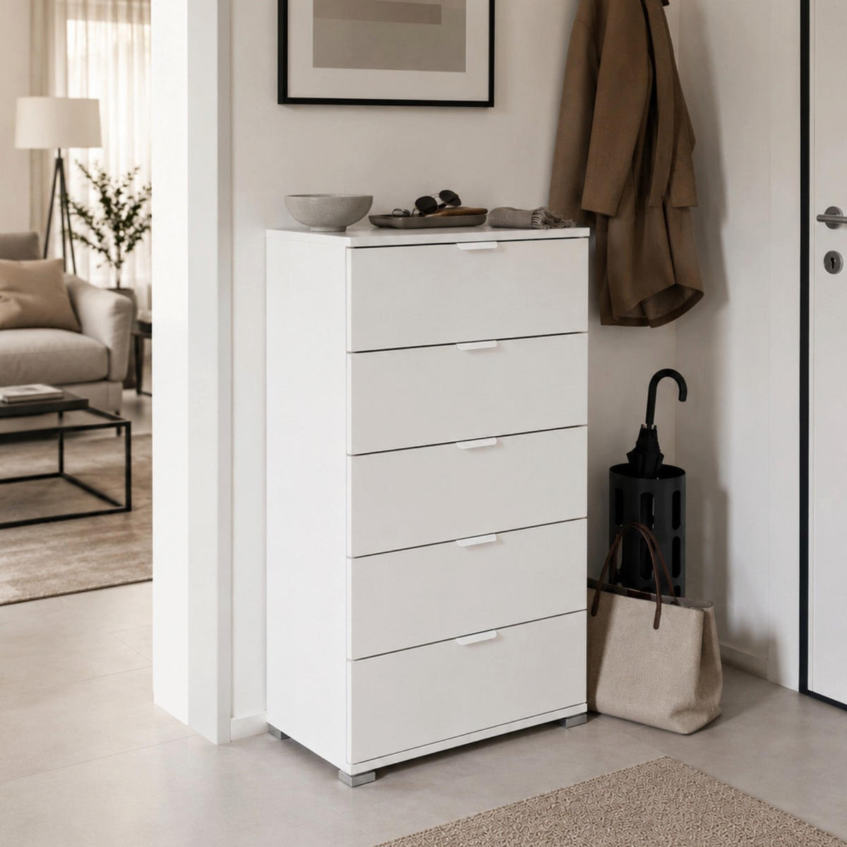 BELA Komoda s 5 Predali Že Sestavljena ; Prostorsko Varčno Pohištvo 60x103x38 cm - bela, leseni material - The White Stone