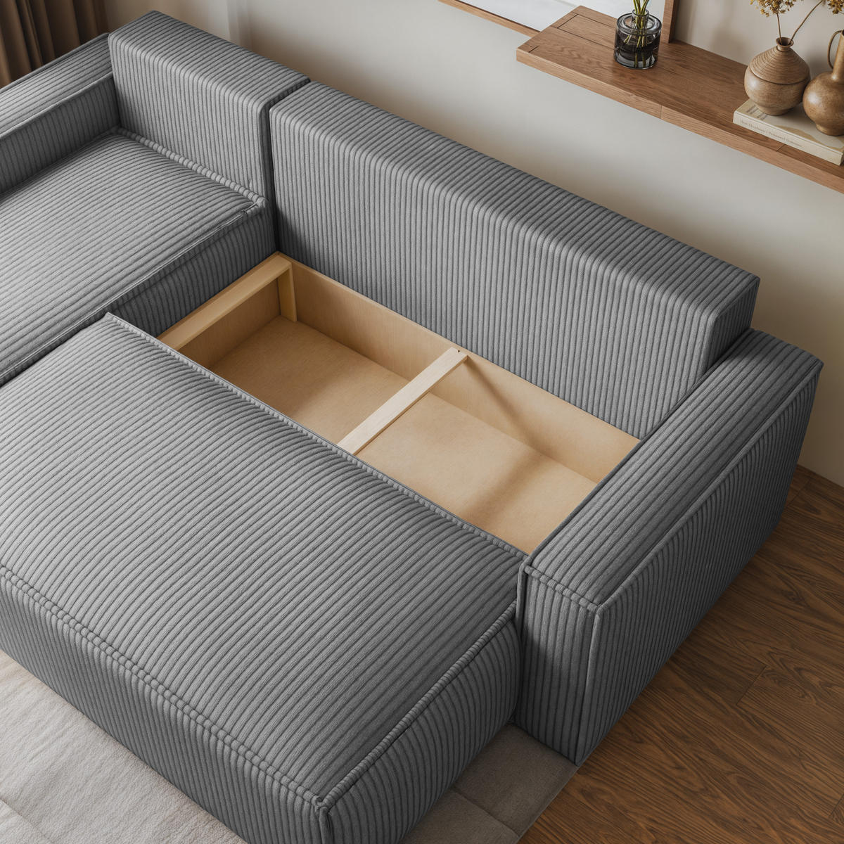 ECKSOFA RAVELO P Hellgrau Kordstoff mit Schlaffunktion - Hellgrau, Holz (240/140cm) - MASSENO