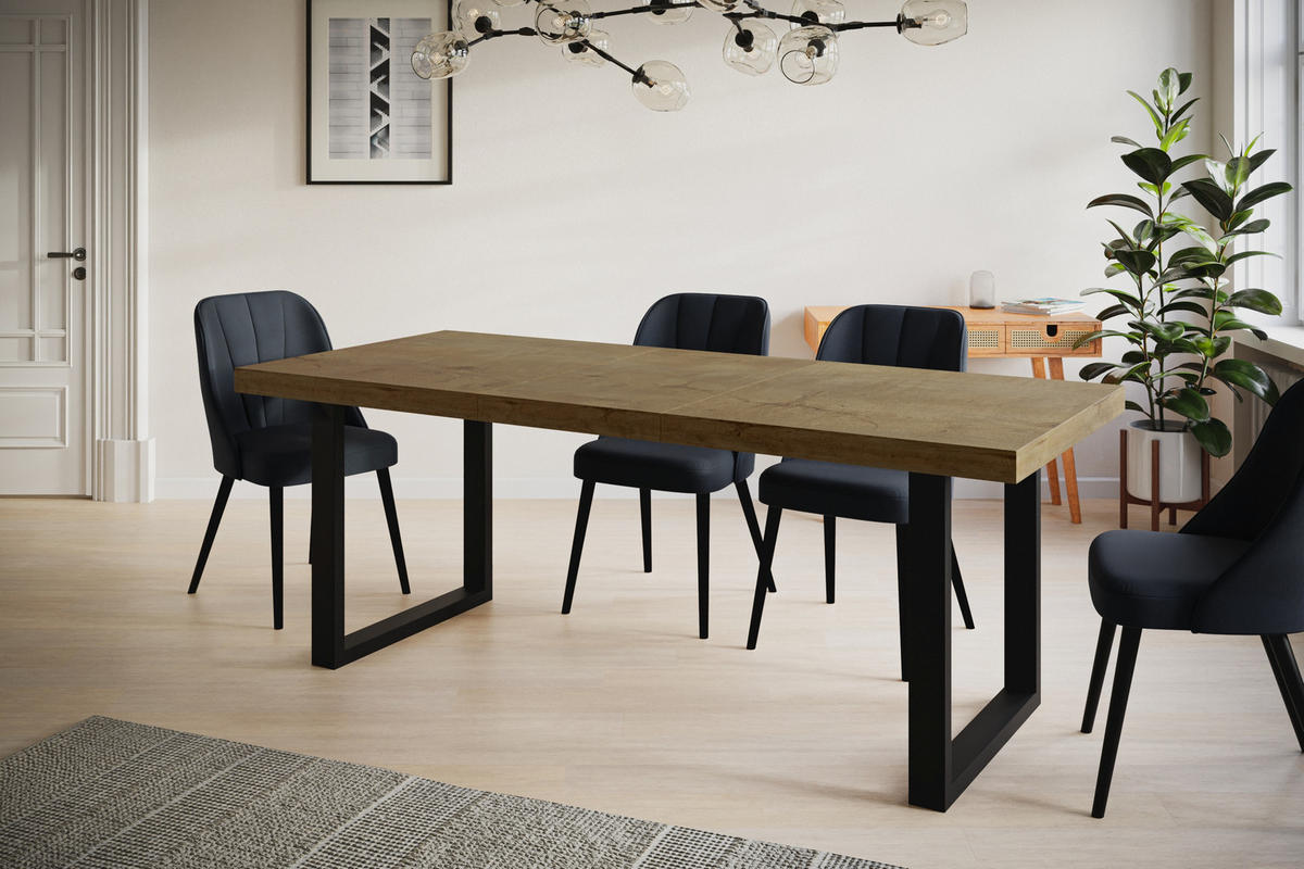 ESSZIMMERTISCH LOFT-U, ausziehbarer Tisch 140-240X80X77 cm, Farbe: LEFKAS, mit Metallbeinen in Farbe Schwarz - Dunkelbraun/Schwarz, Holzwerkstoff (140/80/77cm) - Alpi-Möbel
