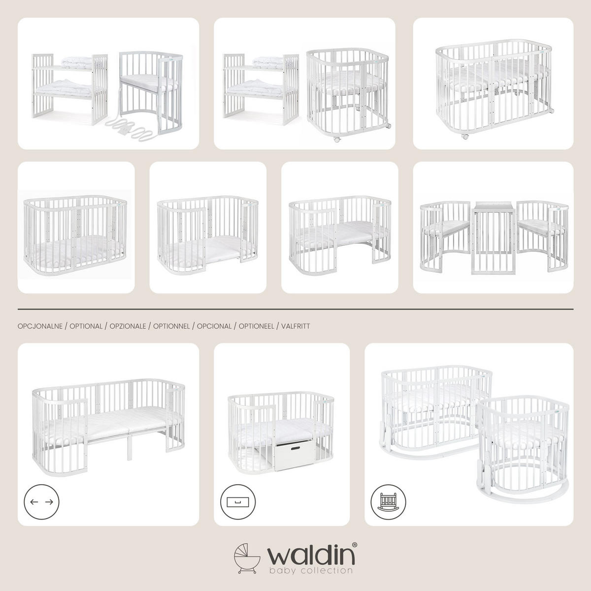 BABYBETT WHITE, 7in1 mit Matratze - Weiß/Grau, Holz (73/123cm) - waldin