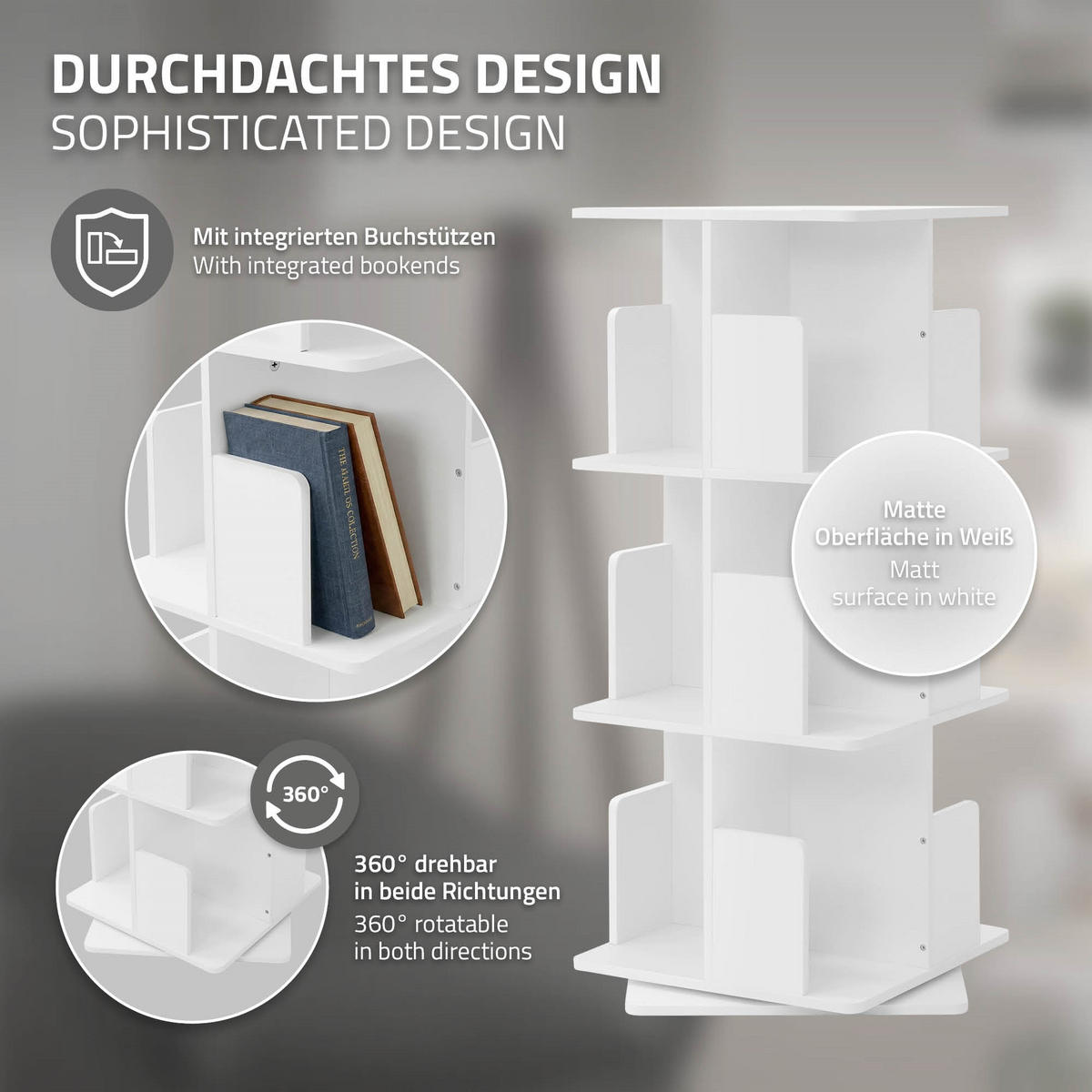 BÜCHERREGAL Kinder mit 3 Ebenen Weiß 40x94x40 cm Drehbar 360 Grad - Weiß, Holzwerkstoff (40/94/40cm) - ML-DESIGN