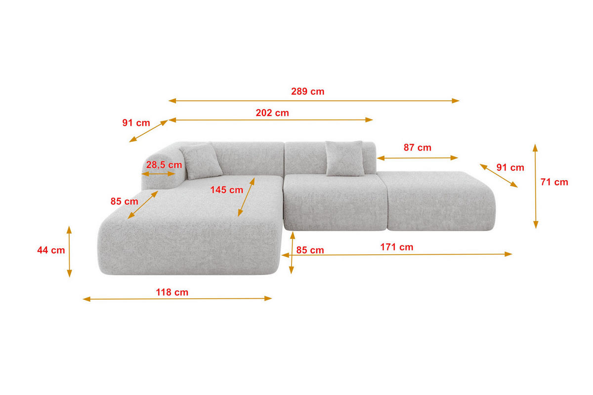 ECKSOFA Ottomane Links OVLY-L 289x176x71 Grau Chenille - Titanfarben/Schwarz, Holzwerkstoff/Kunststoff (176/289cm) - ALTDECOR