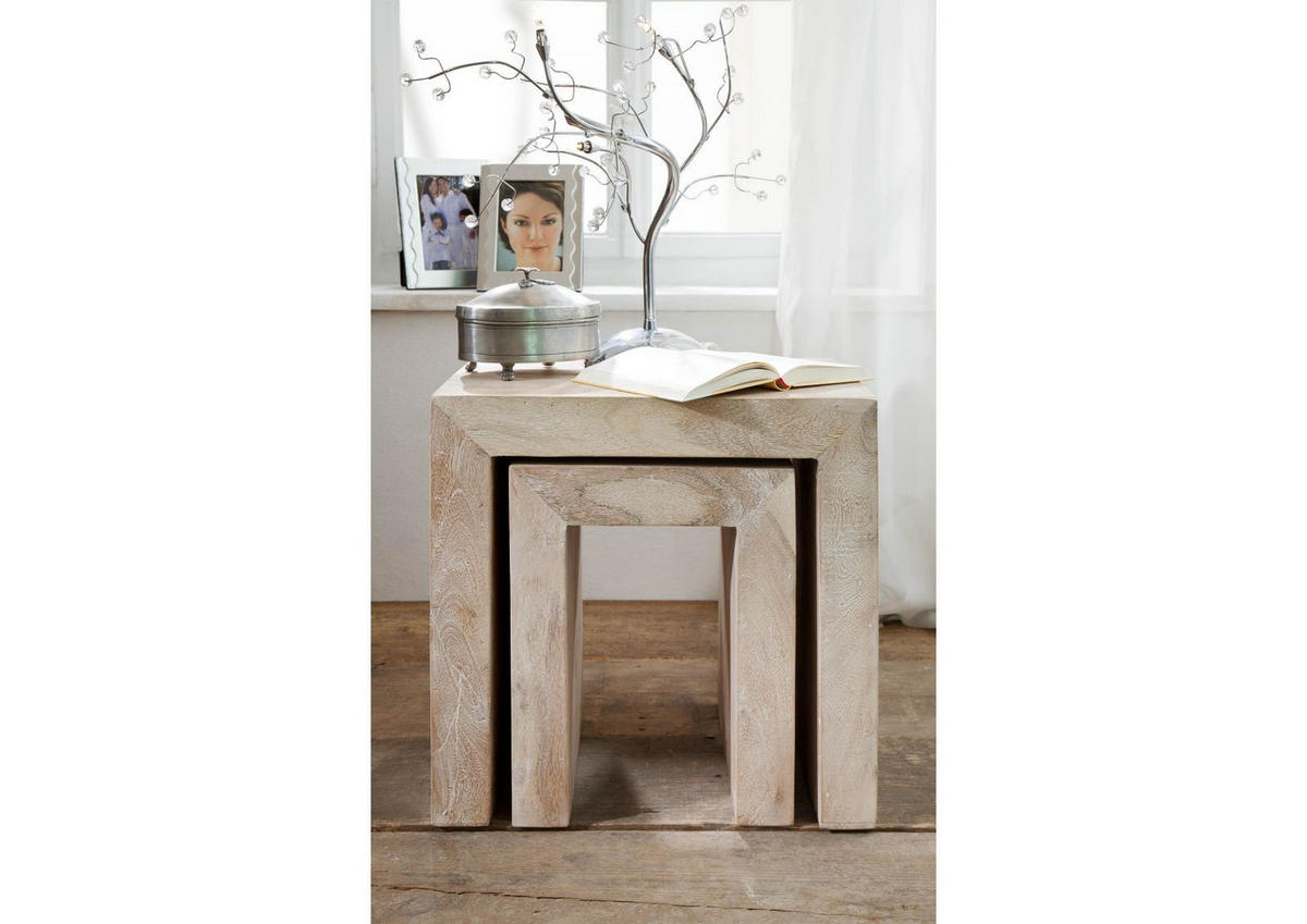 BEISTELLTISCH Akazie 45x35x45 white stone getüncht NATURE WHITE #12 - Beige, Holz (35/45/45cm) - Massivmoebel24