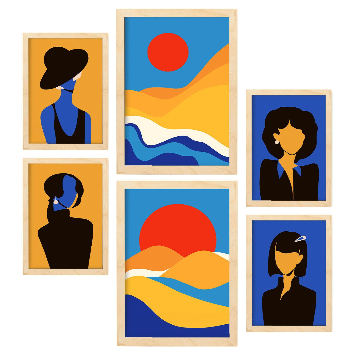 POSTER Set Mit 6 Wüstenjungen In Weibliche Zusammenfassung Ästhetische Dekorative Gemälde Für Ihr Wohnzimmer Zuhause A3 & A4 Rahmen Aus Hellem Holz - Beige, Papier (29/3cm) - Nacnic