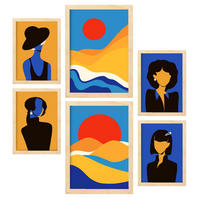 POSTER Set Mit 6 Wüstenjungen In Weibliche Zusammenfassung Ästhetische Dekorative Gemälde Für Ihr Wohnzimmer Zuhause A3 & A4 Rahmen Aus Hellem Holz - Beige, Papier (29/3cm) - Nacnic