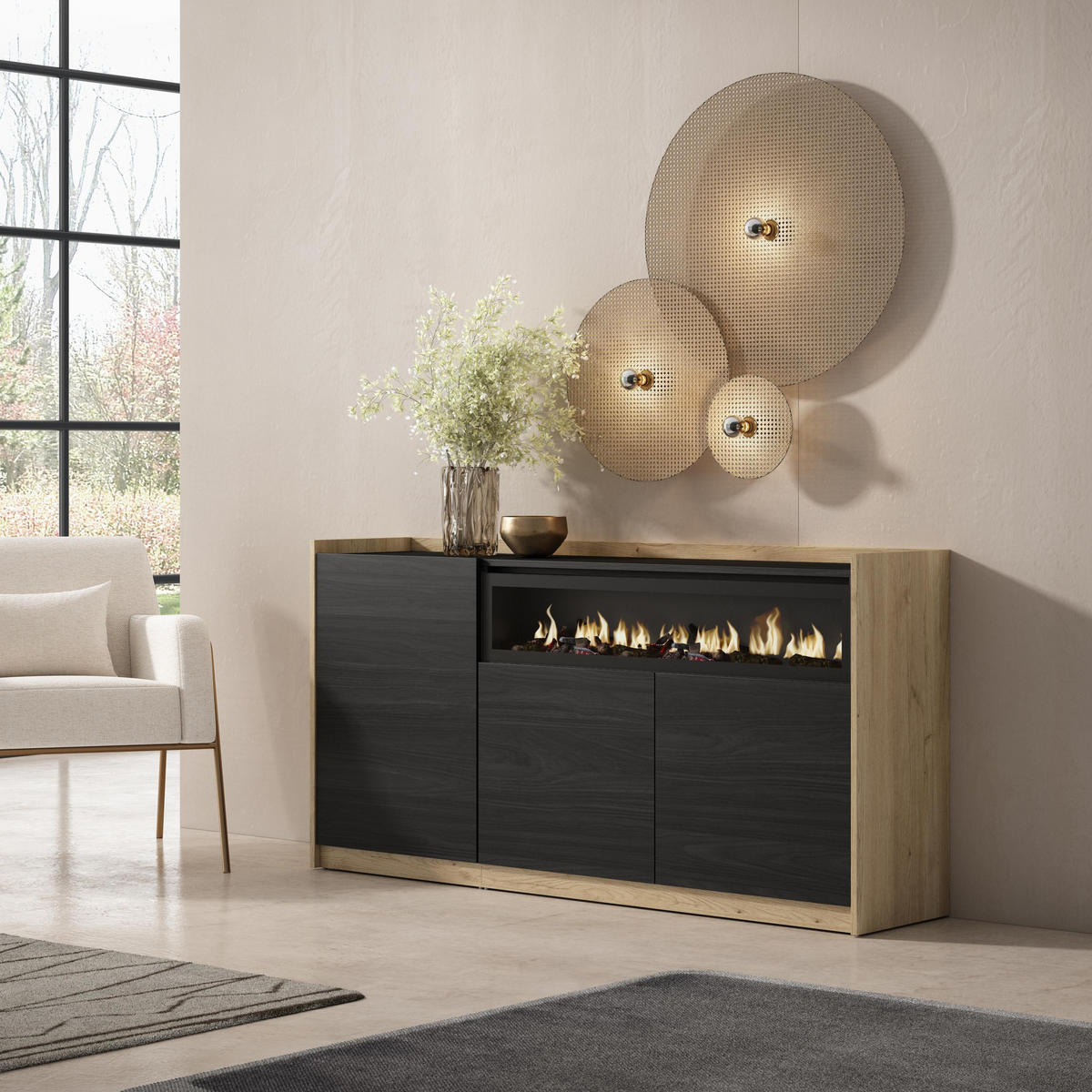SIDEBOARD, Highboard, Schwarz Eiche, Elektrokamin, 156/37/80cm - Schwarz, Holzwerkstoff (156/80/37cm) - Skraut Home