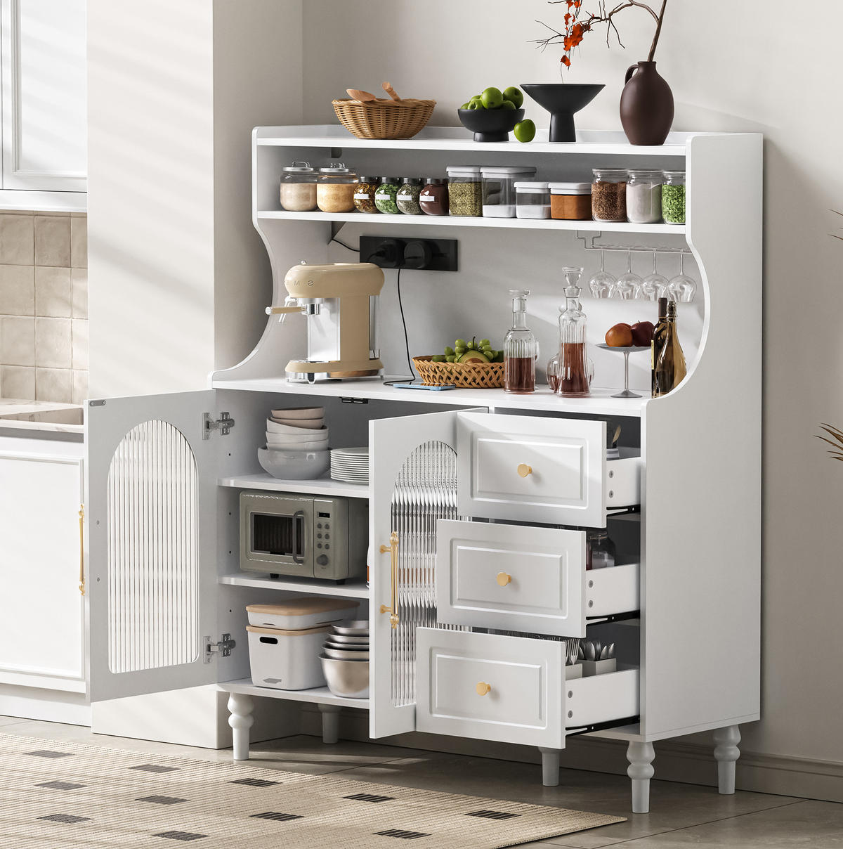 BUFFET 120/40/138,5 cm Weiß aus MDF mit Steckdose - Weiß, Holzwerkstoff (120/138.5/40cm) - OKWISH