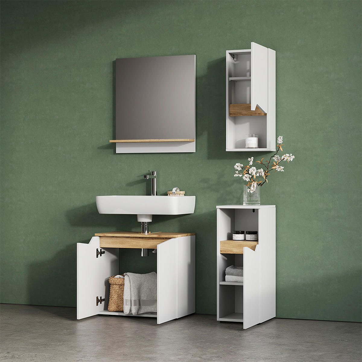 BADSCHRANK Timavo Weiß 30 x 67 cm mit Tür und offenem Fach - Weiß/Eiche Artisan, Holzwerkstoff (30/67/17cm) - Livinity®