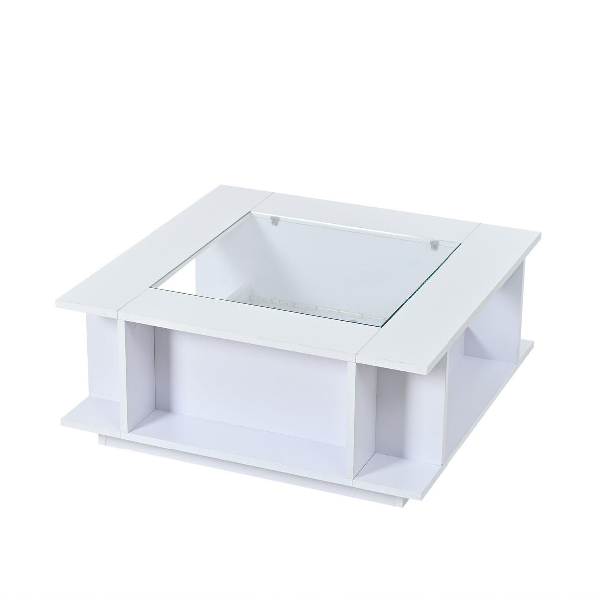 COUCHTISCH weiß aus Spanplatte mit Glasplatte und App-gesteuerter USB-LED 70 × 70 × 30 cm - Weiß, Holzwerkstoff (70/70/30cm) - Luhomfu