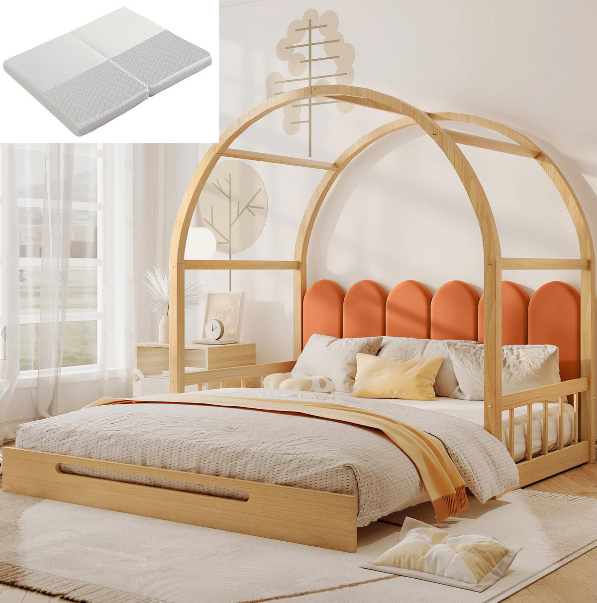 KINDERBETT 140/100/200 cm in Hausform aus Kiefernholz mit Ausziehfunktion - Naturfarben, Holzwerkstoff (140/200cm) - BEAOK