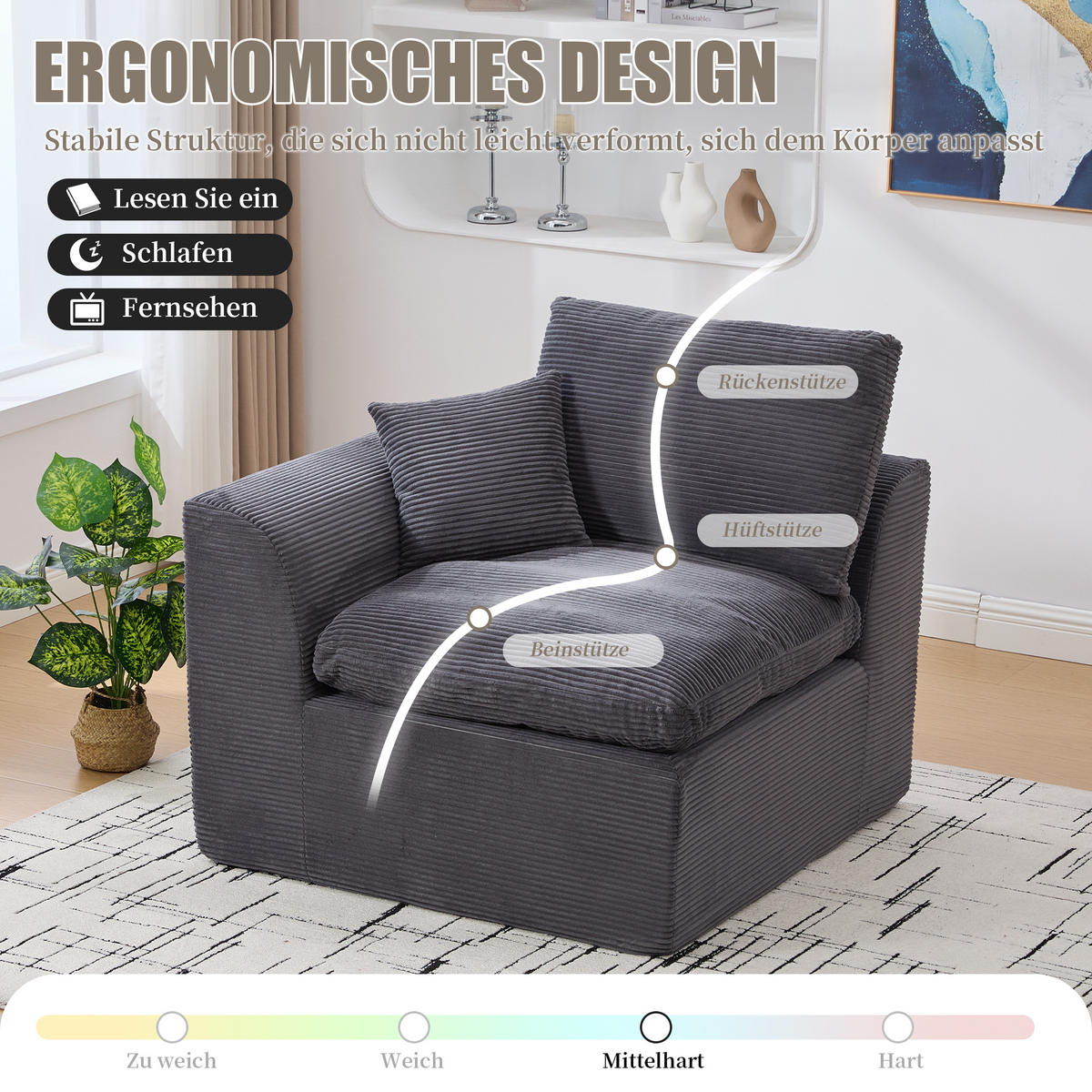 2-SITZER-SOFA XXL aus Cord mit Federkern-Polsterung Montagefrei - Dunkelgrau, Textil (204/84/102cm) - Urban Meuble