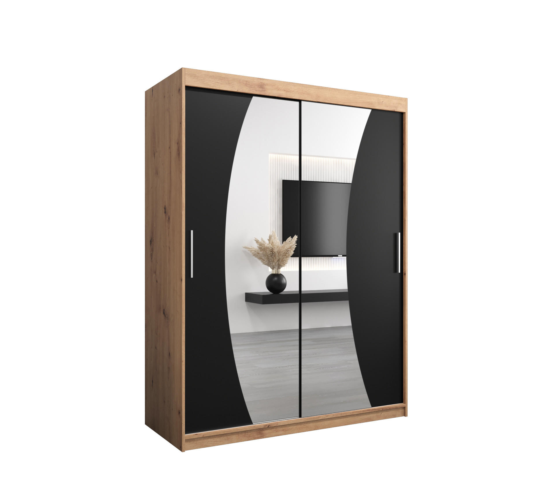 Abiks Möbel Schwebetürenschrank Eiche Artisan, Schwarz 150x200x62 cm