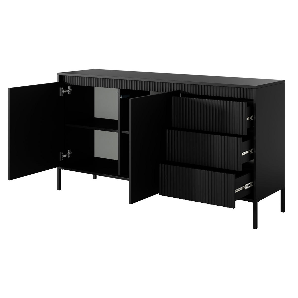 SIDEBOARD SELBU KOM2 Reliefierte Fronten aus MDF-Platte Schwarz Schwarz - Schwarz, Glas/Holzwerkstoff (154/82/40cm) - Komodee