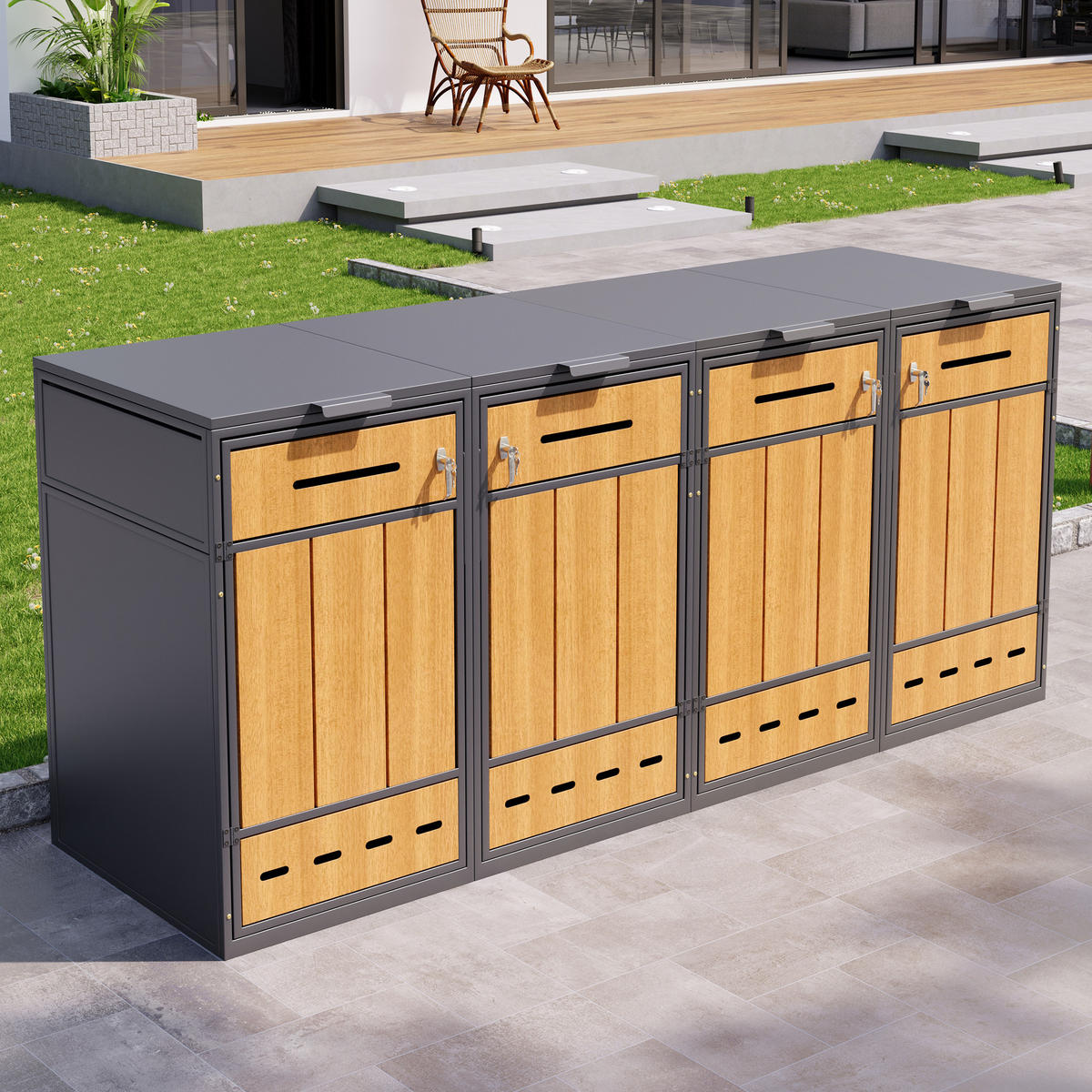 MÜLLTONNENBOX 4er abschließbar 120-240L Lüftung 2 Türen - Multicolor, Metall (169/249/264cm) - FLIEKS