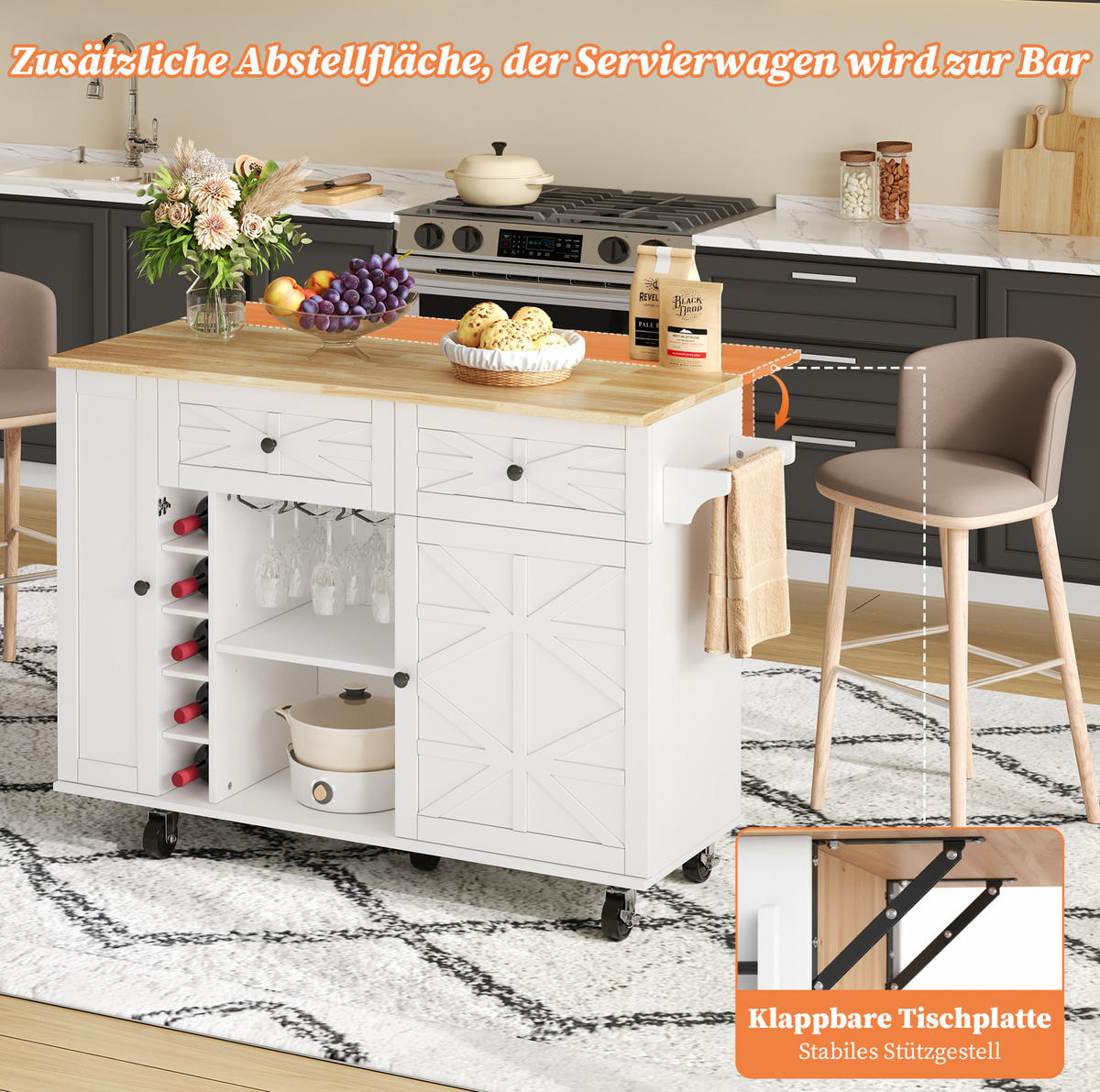 KÜCHENINSEL 120x70x89cm Weiß mit Klappplatte,Schubladen,Weinregal & Rollen - Weiß, Holzwerkstoff (120/89/70cm) - Modfu