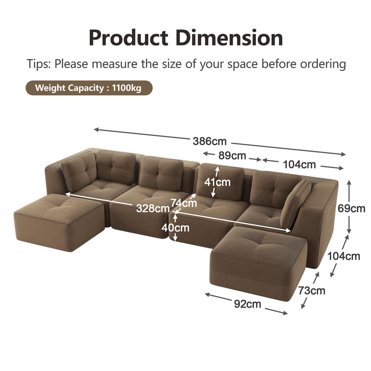 4-SITZER Sofa 386×177×69 cm Cordstoff rahmenlos modular mit 2 Ottomanes, braun - Braun, Textil (177/69/386cm)