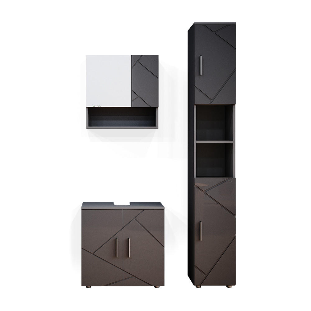 BADMÖBEL-SET Irma Anthrazit Hochglanz 3 Teile, mit Hochschrank - Anthrazit, Holzwerkstoff (80/58.6/41cm) - Vicco