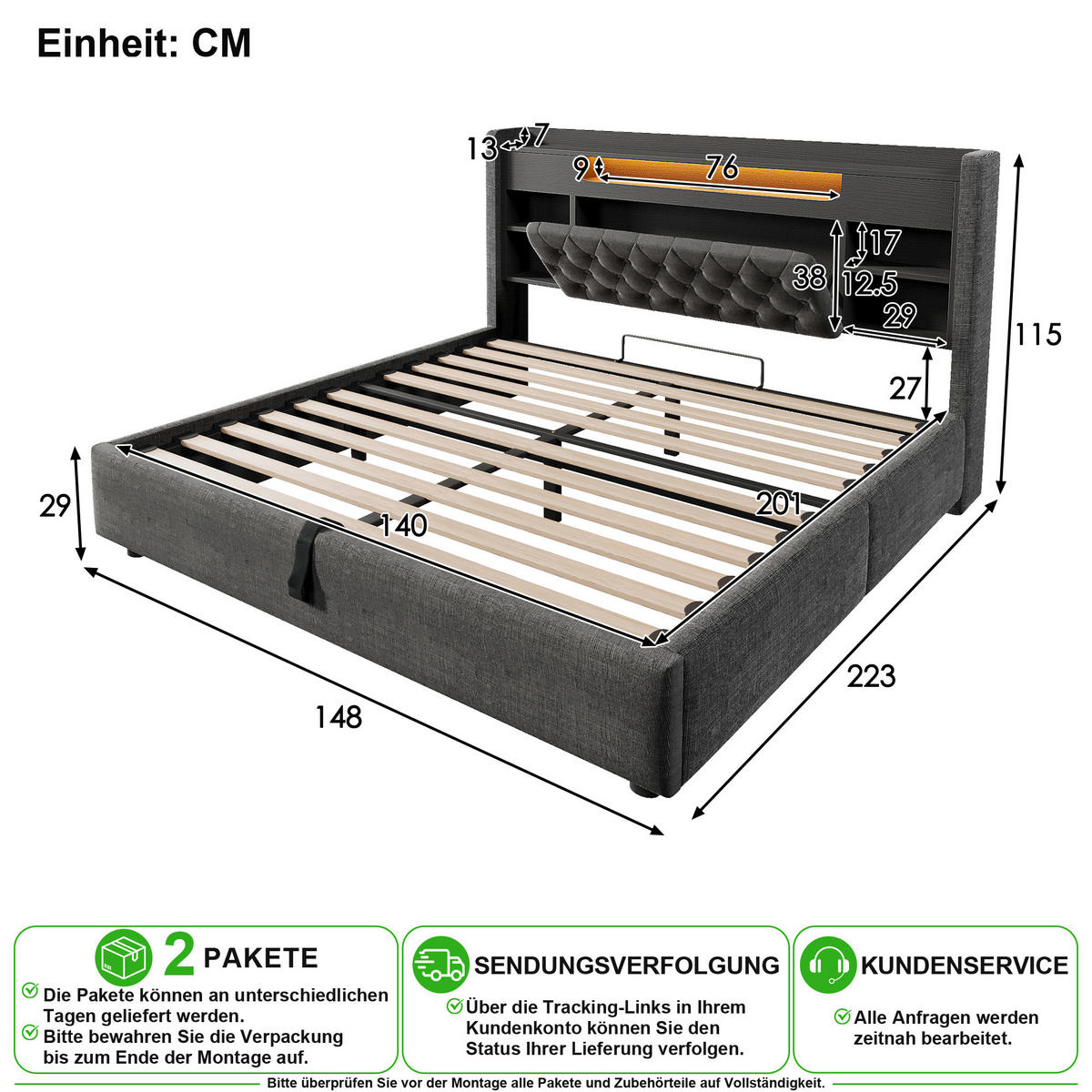 POLSTERBETT 140/200 cm in Grau mit LED, USB & Bettkasten aus Leinen - Grau, Holzwerkstoff/Textil (140/200cm) - CHICFURN