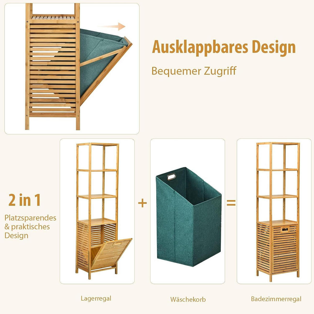 WÄSCHESCHRANK mit abnehmbarem Wäschesack & Griff natur - Naturfarben, Naturmaterialien (40/160/33cm) - COSTWAY