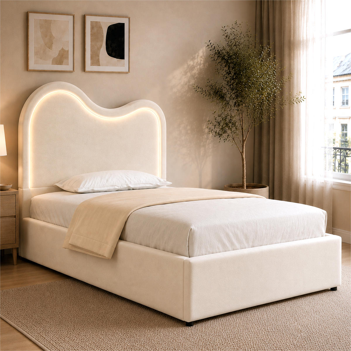 POLSTERBETT 90/200 mit Bettkasten, LED und Lattenrost in Beige - Beige, Holzwerkstoff/Textil (90/200cm) - EVRYAE