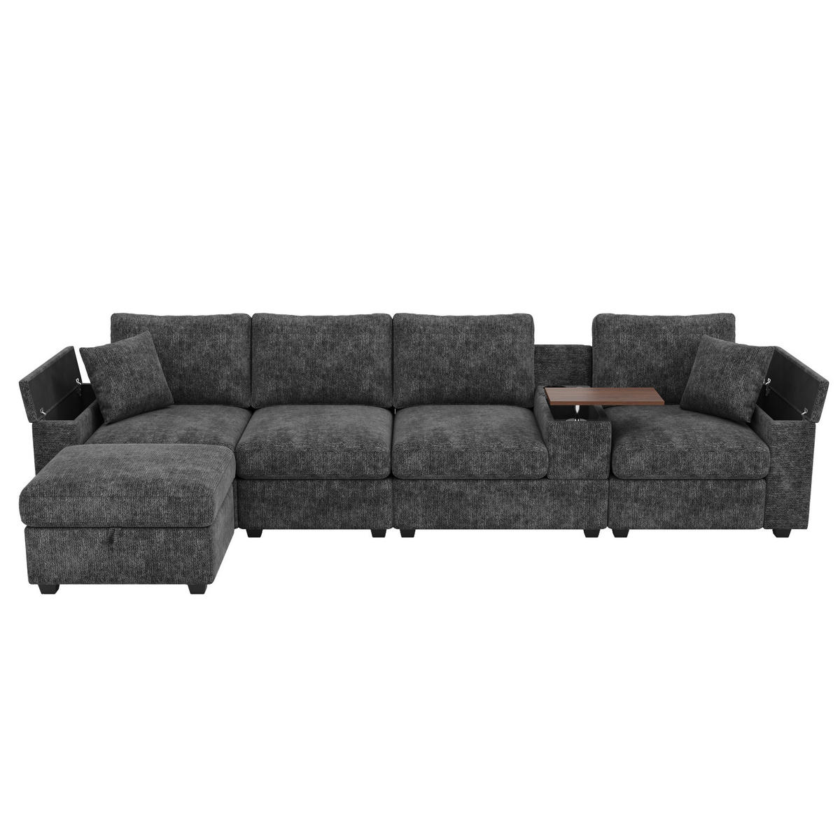 ECKSOFA 313/147/82 cm aus Chenille mit Stauraum, USB/Typ-C und drehbarem Couchtisch Grau - Grau, Textil (147/313cm) - Modenvie