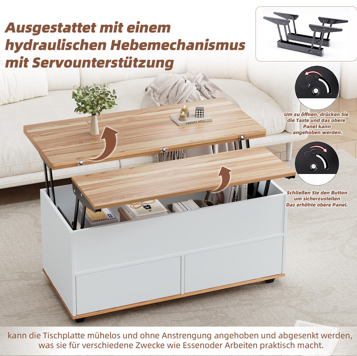 COUCHTISCH 100/98/65 cm höhenverstellbar mit Stauraum und Rollen - Weiß, Holzwerkstoff (100/98/65cm) - Flora Grace